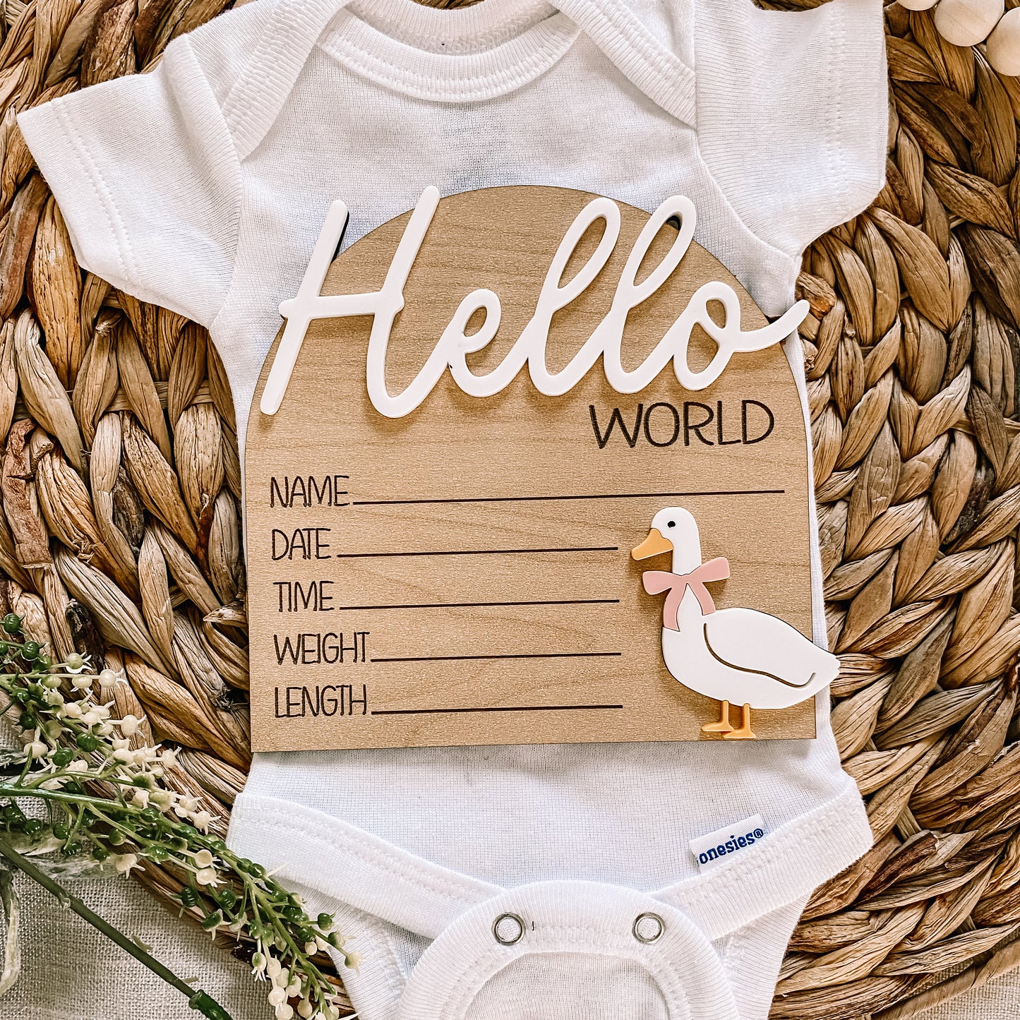 Hello World 3D Birth Stat Sign - Goose with Bow