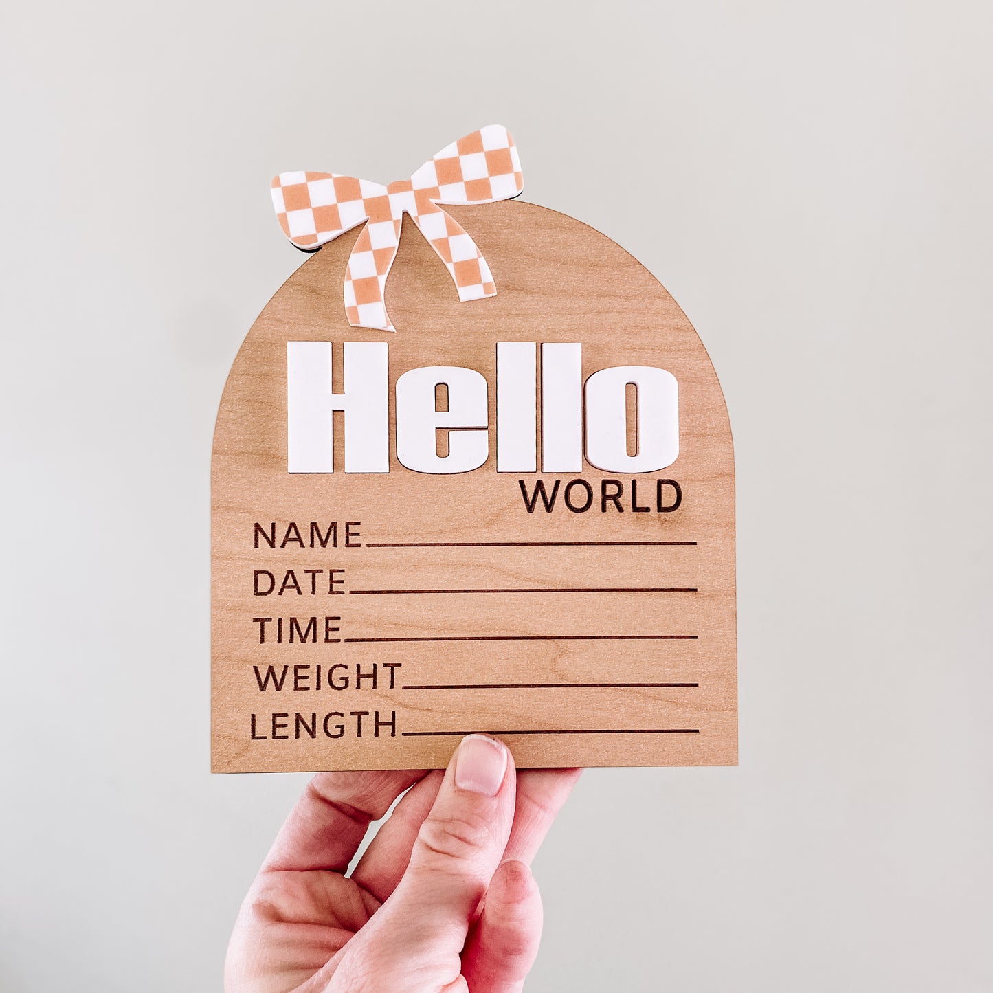 Hello World Birth Stat Sign - Tan Checkered Bow