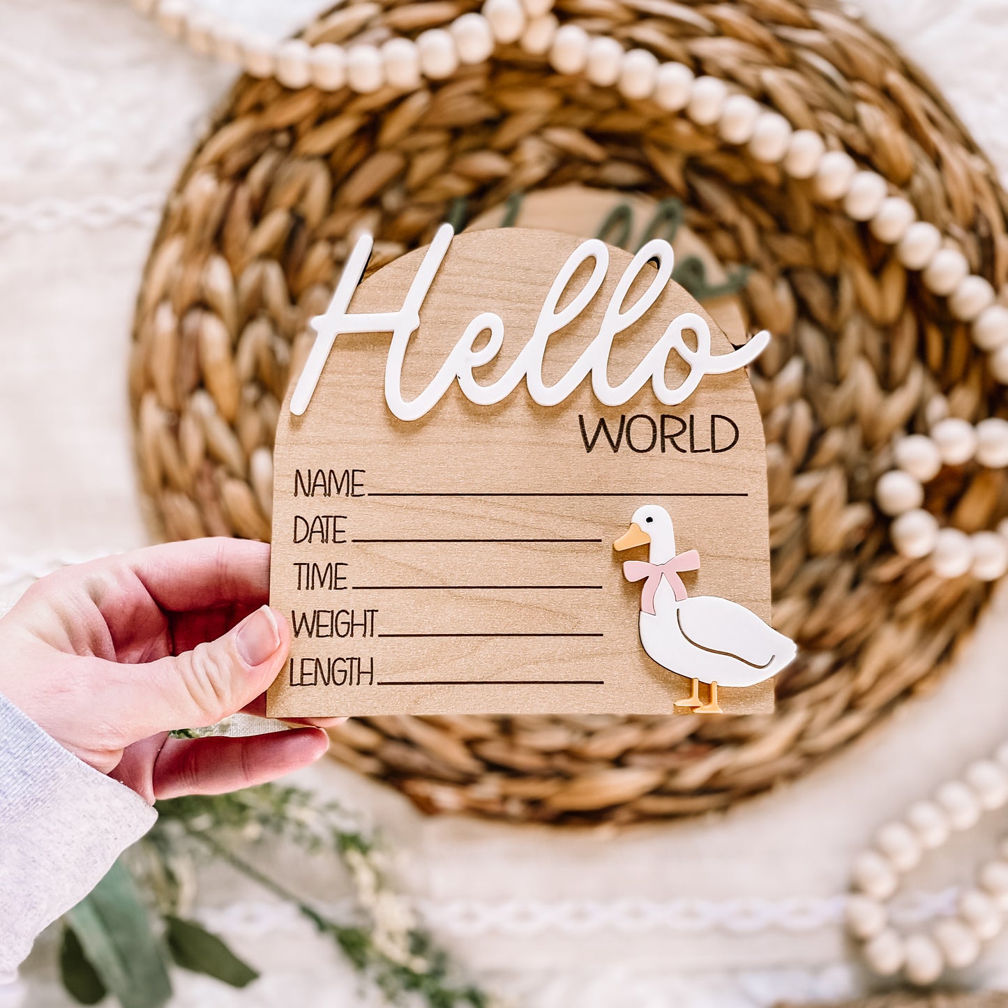 Hello World 3D Birth Stat Sign - Goose with Bow