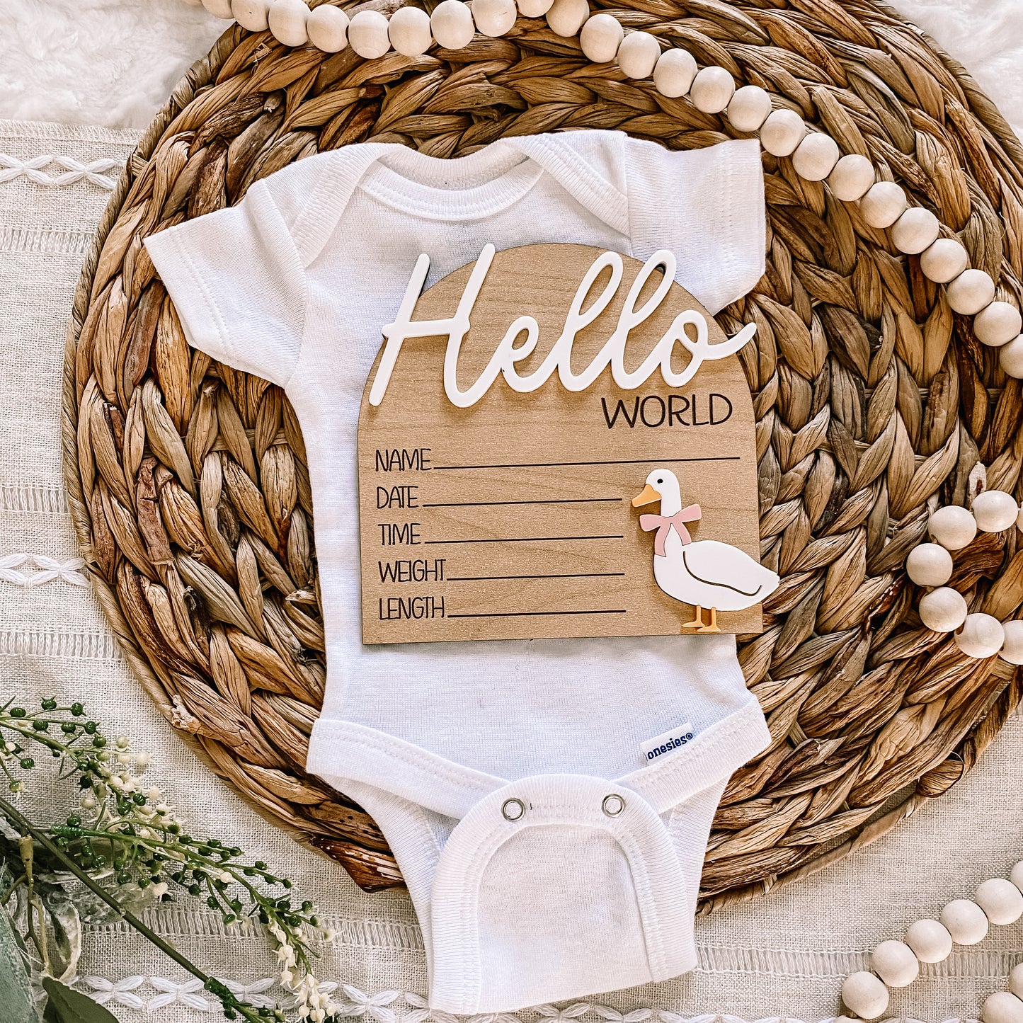 Hello World 3D Birth Stat Sign - Goose with Bow