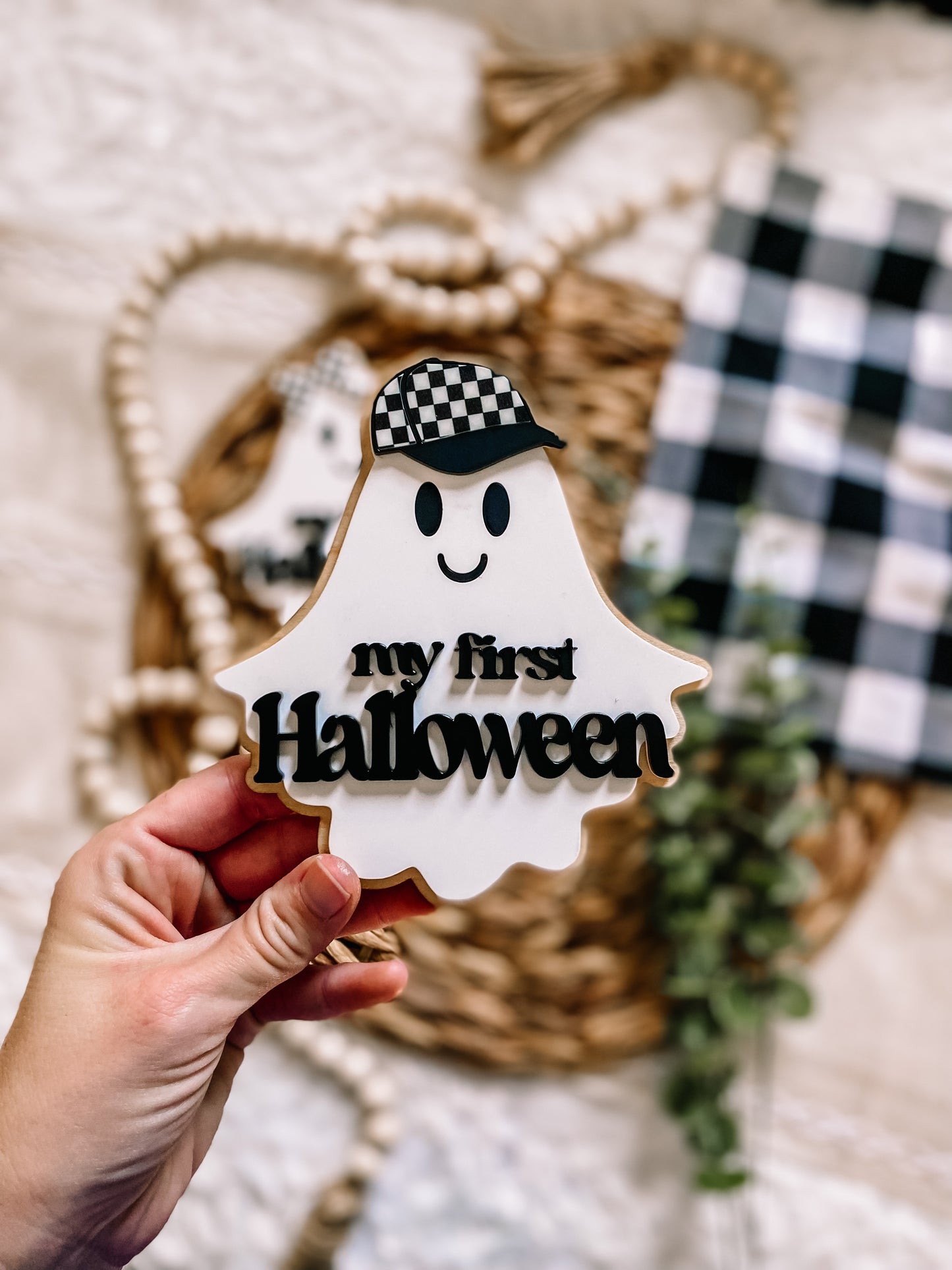 Baby's 1st Halloween Milestone Sign - Checkered Ghost