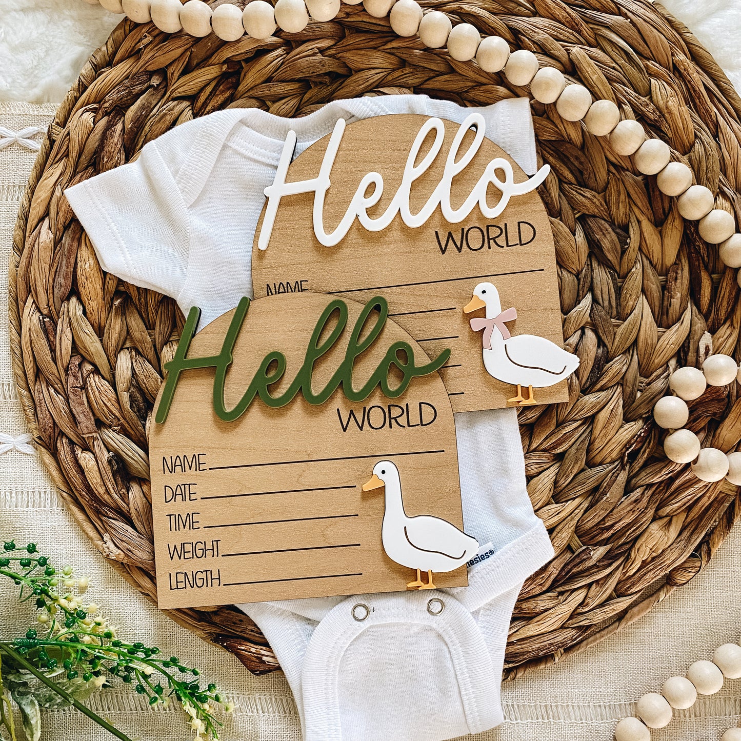 Hello World 3D Birth Stat Sign - Goose with Bow