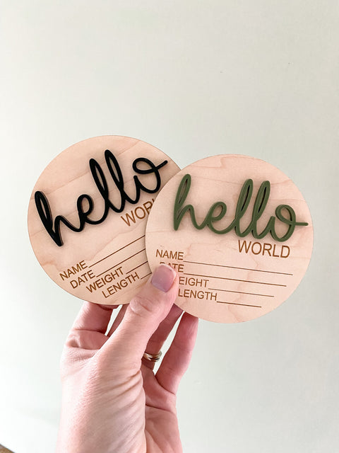 Wooden Hello World Birth Announcement Disc 3D