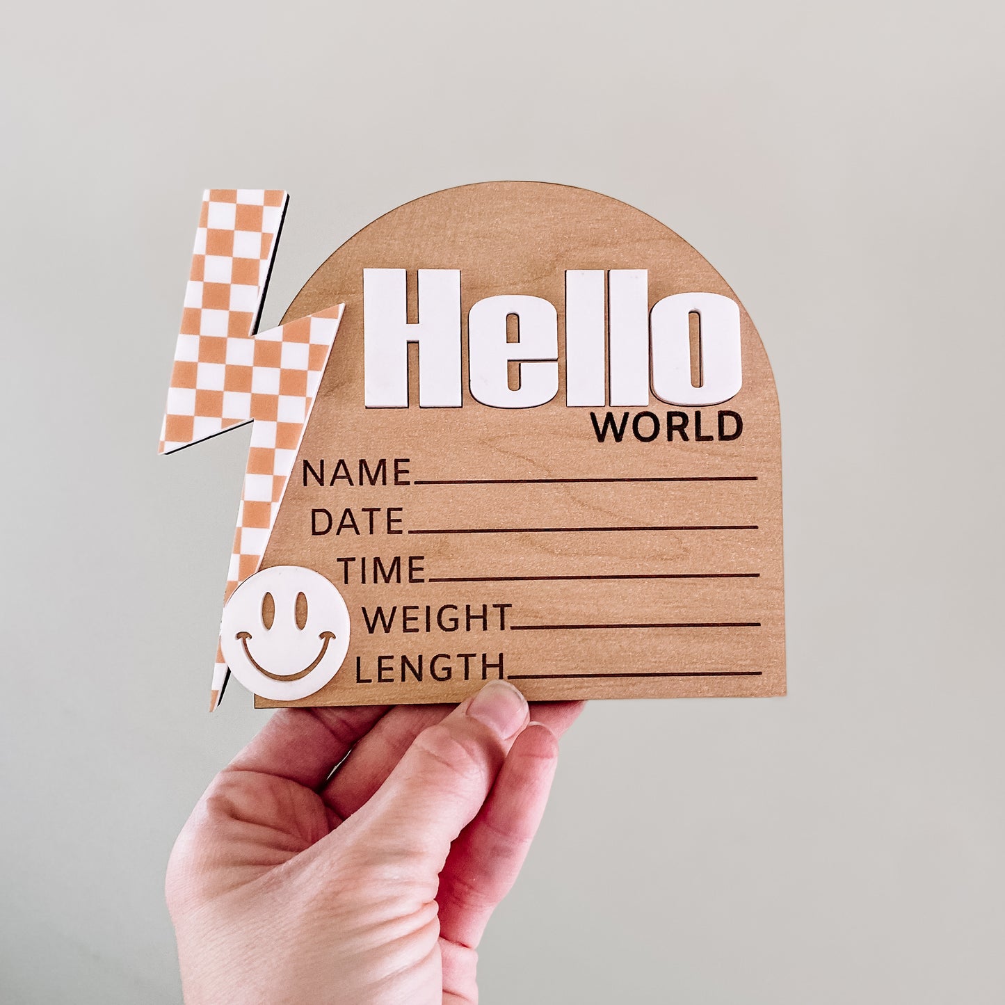 Hello World Birth Stat Sign - Tan Checkered Bolt