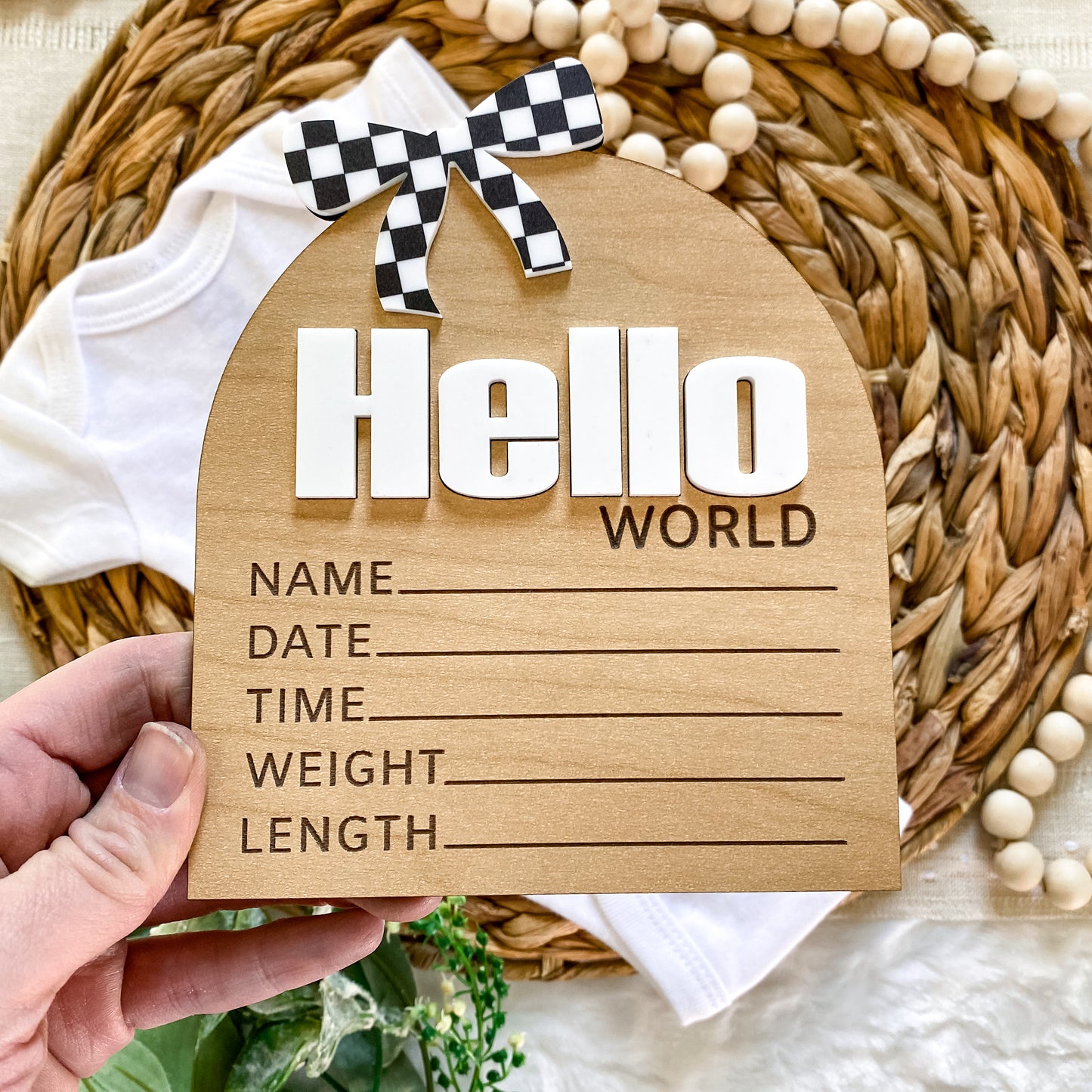 Hello World Birth Stat Sign - Black Checkered Bow