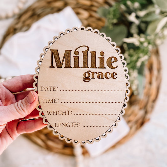 Custom Scalloped Edge Hello World Birth Stat Sign