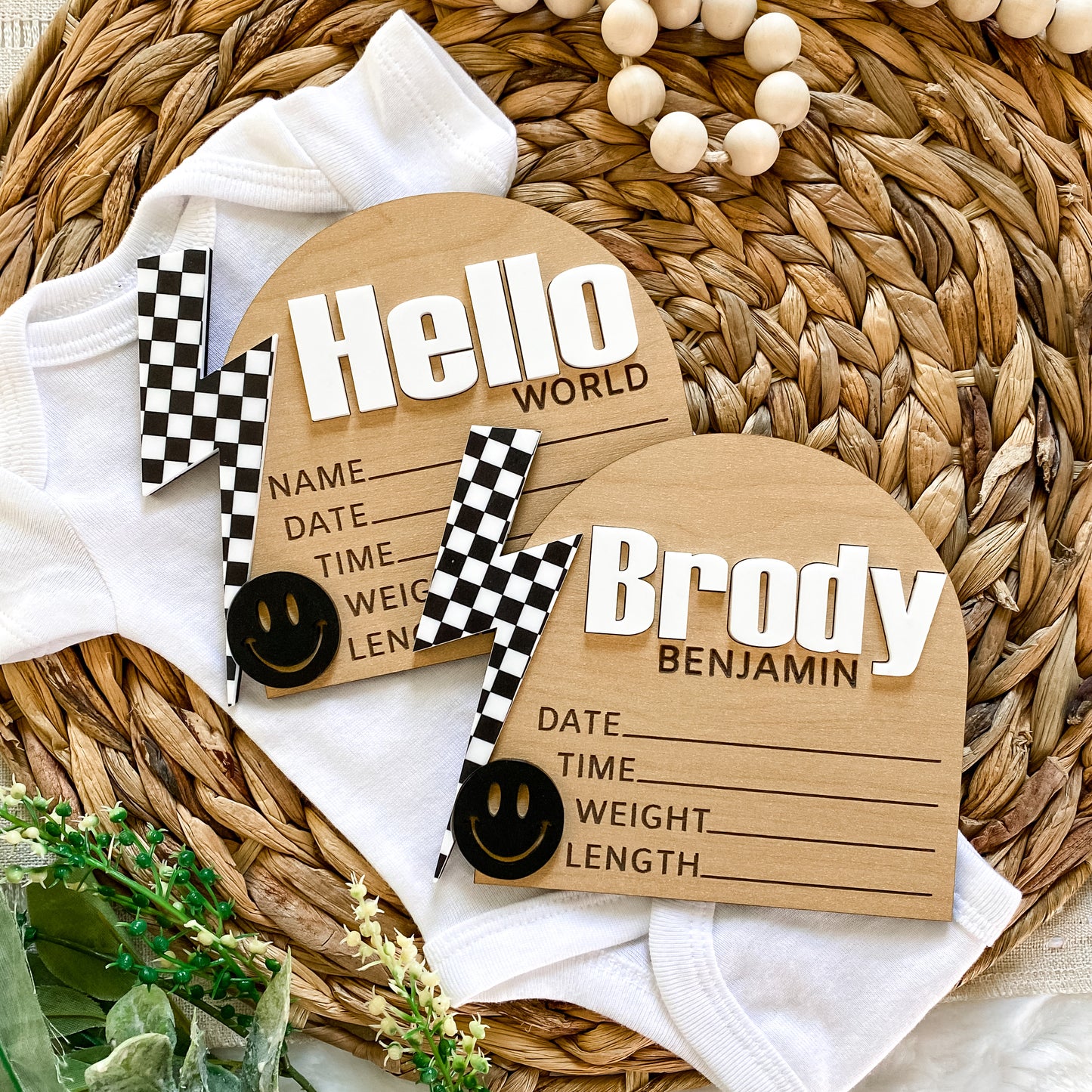 Personalized Birth Stat Sign - Checkered Bolt