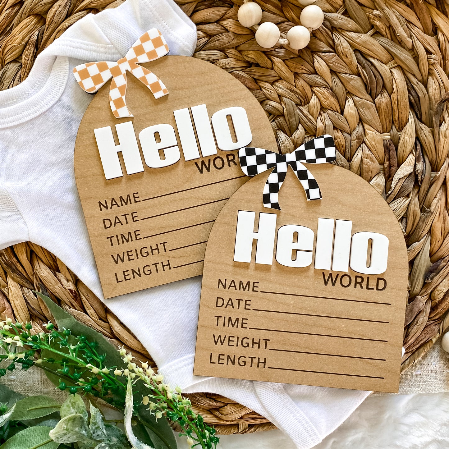 Hello World Birth Stat Sign - Black Checkered Bow