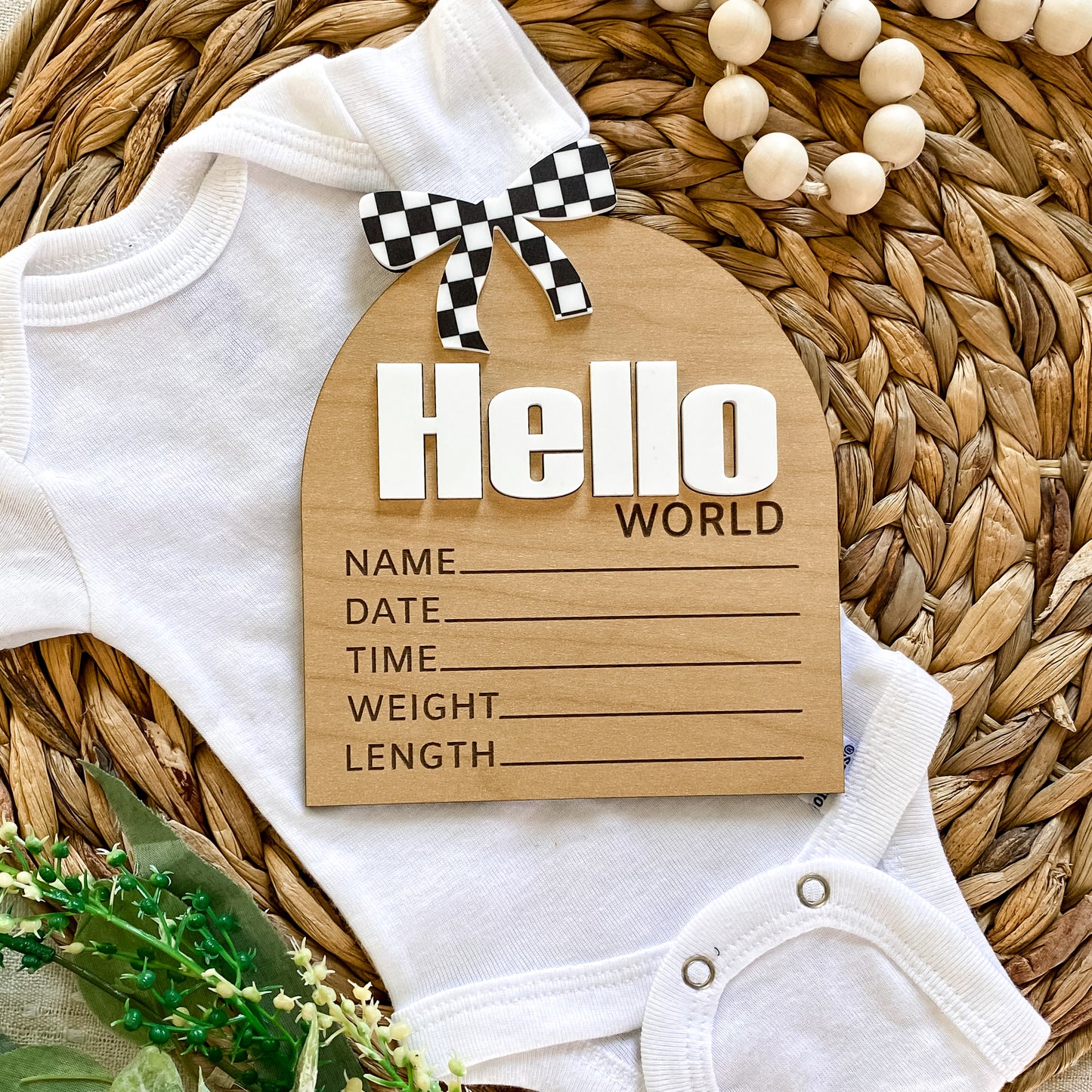 Hello World Birth Stat Sign - Black Checkered Bow