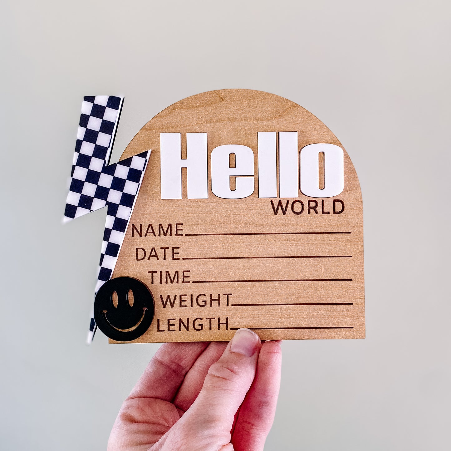 Hello World Birth Stat Sign - Black Checkered Bolt