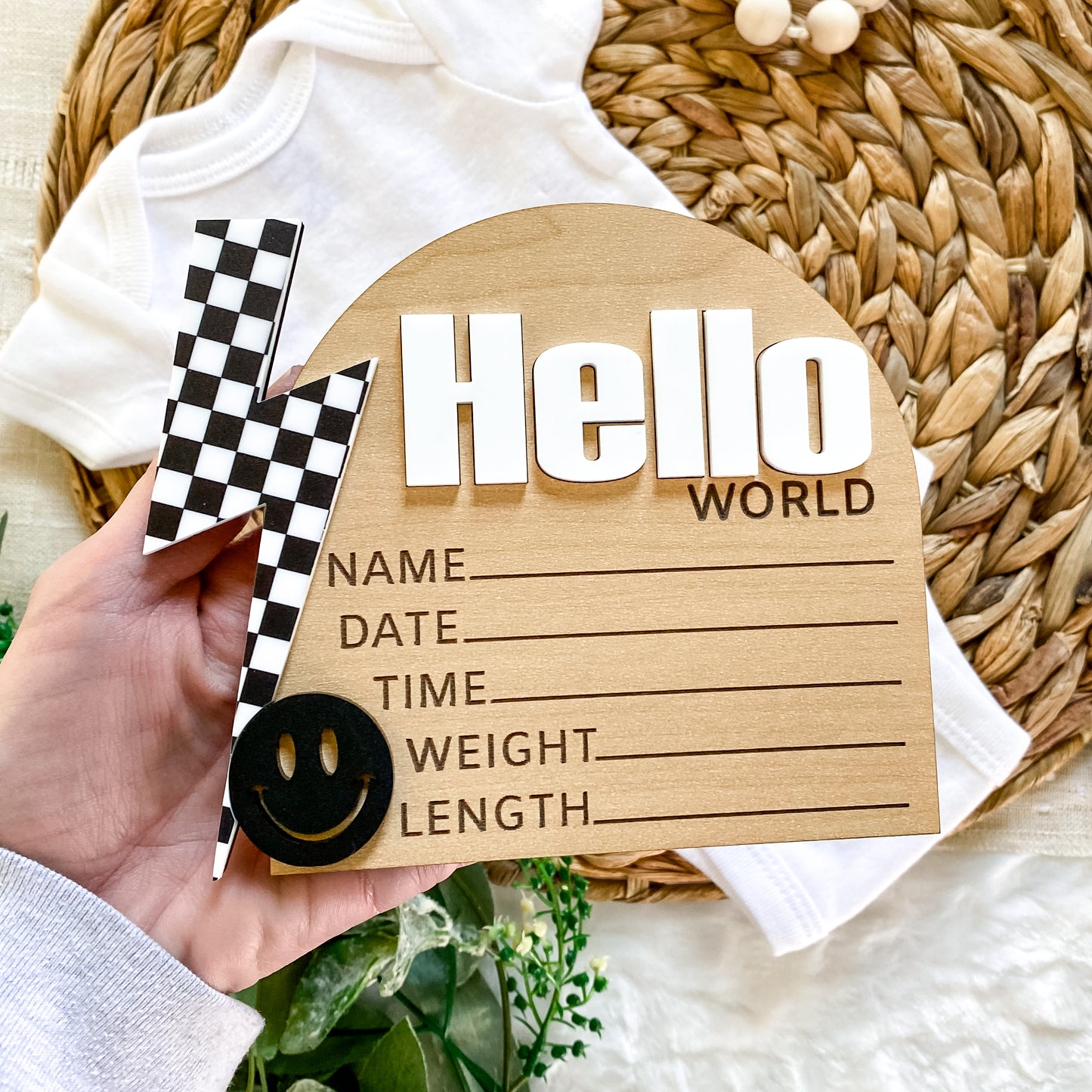 Hello World Birth Stat Sign - Black Checkered Bolt