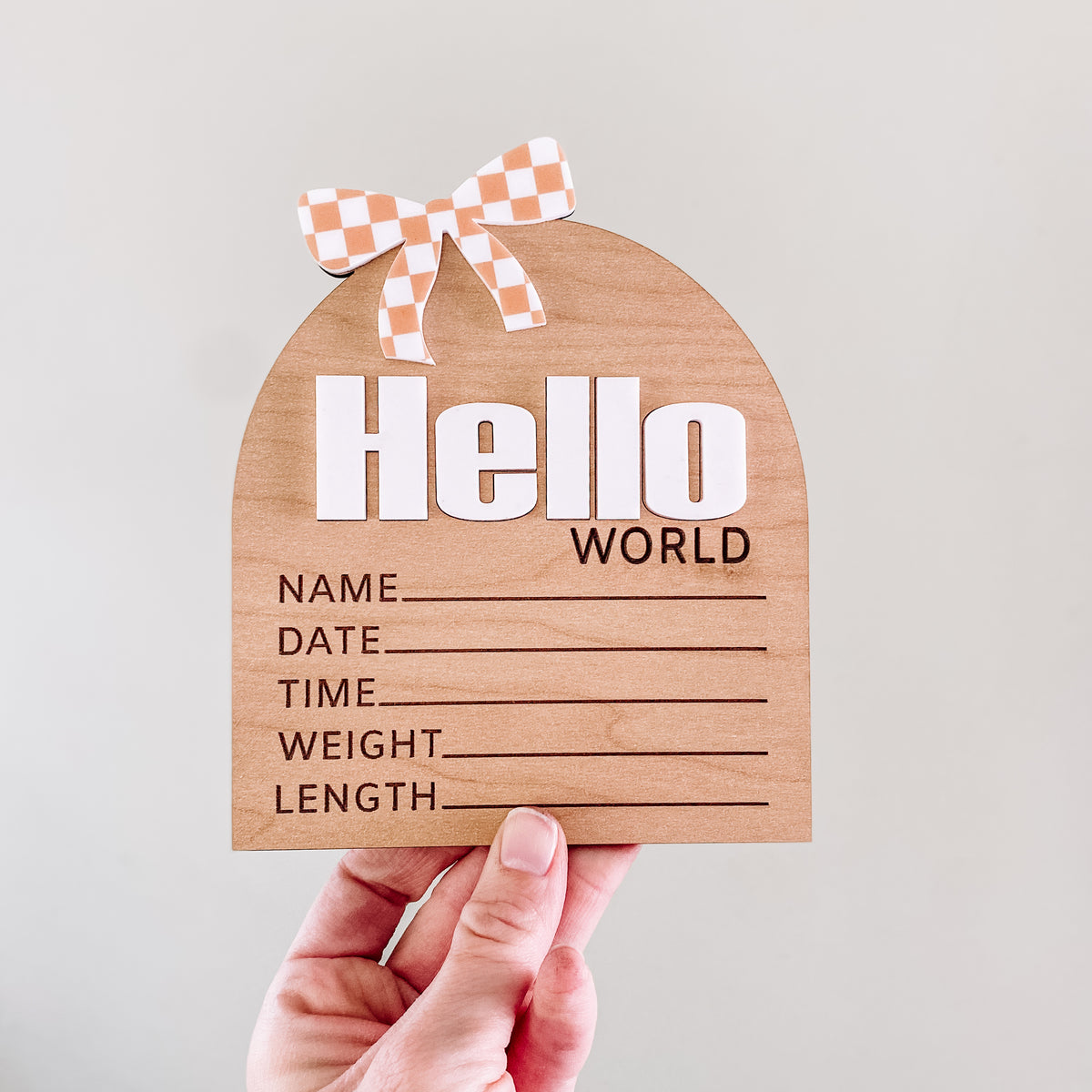 Helloworld Stat Sign Hello World Birth Stat Sign - Tan Checkered Bow – Claire and Bella, LLC
