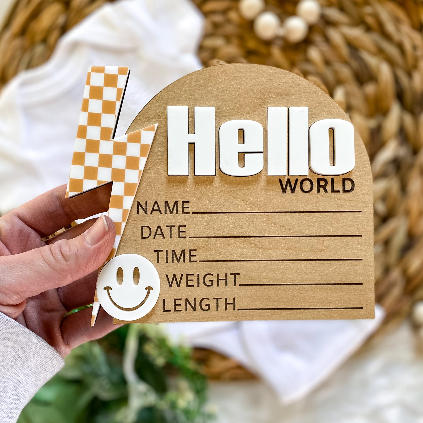 Hello World Birth Stat Sign - Tan Checkered Bolt