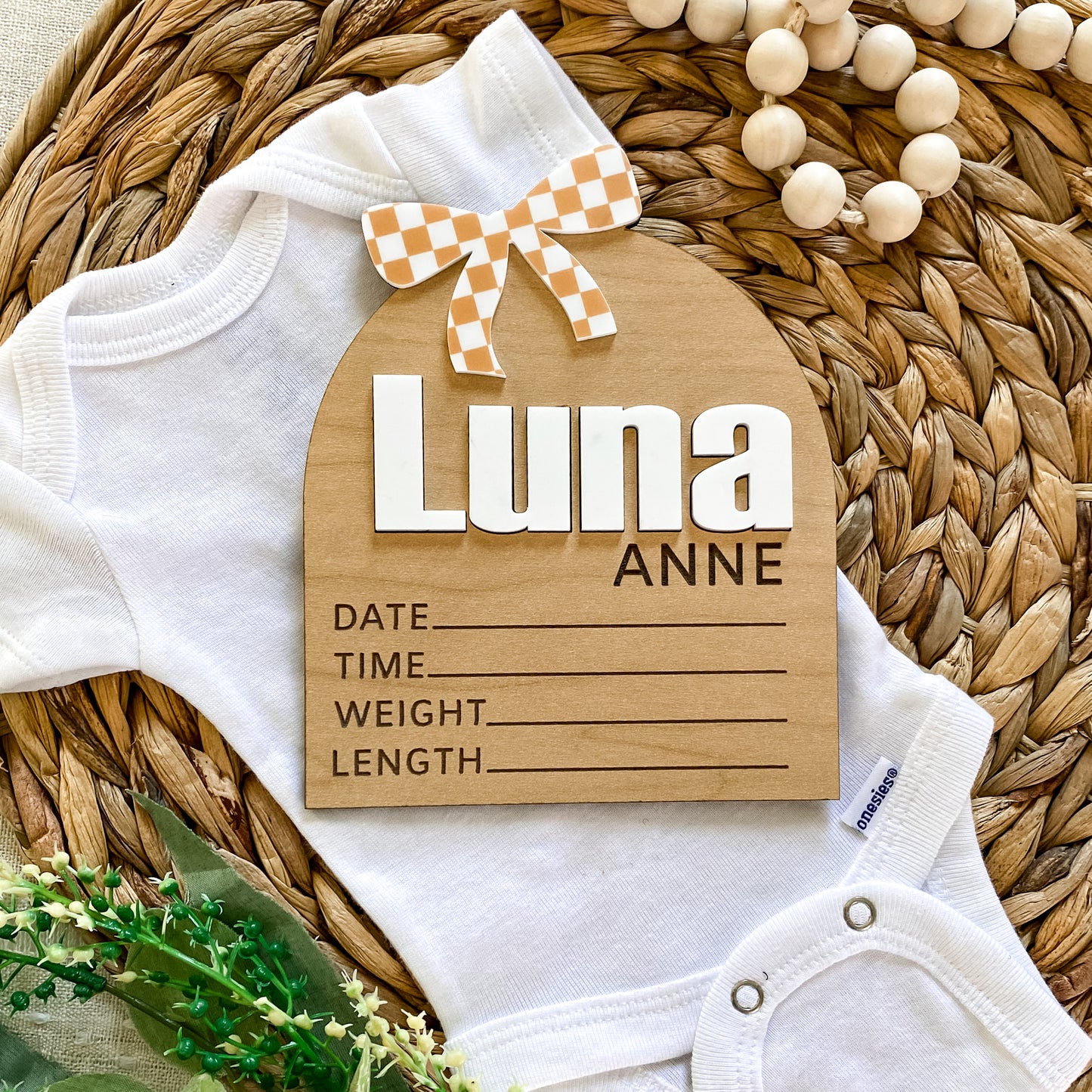 Personalized Birth Stat Sign - Checkered Bow