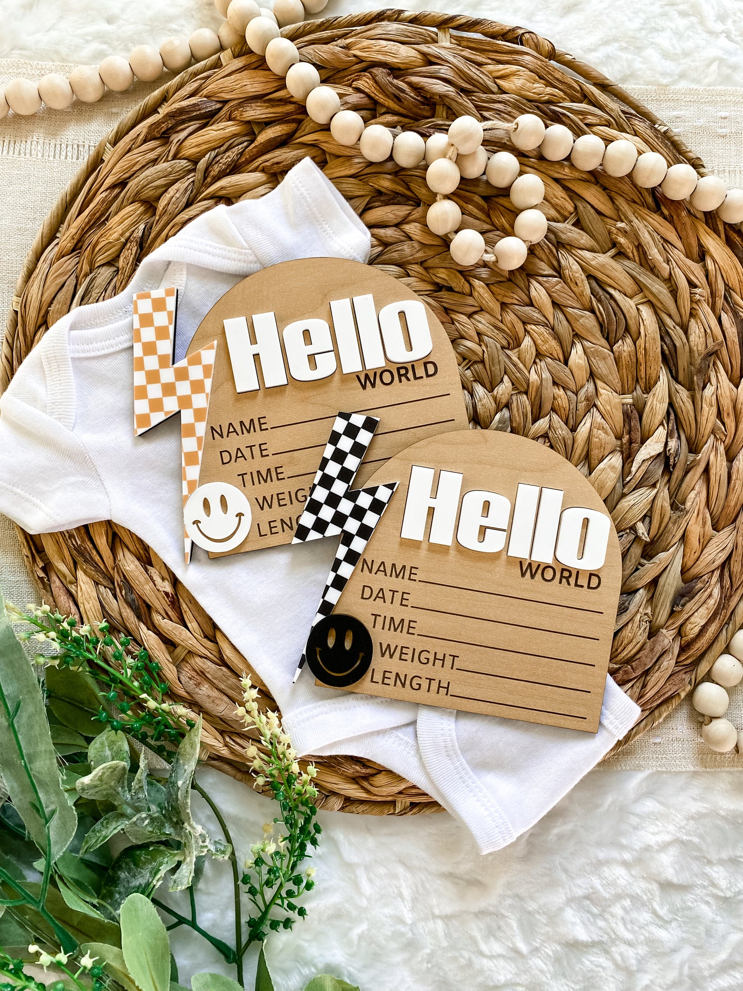 Hello World Birth Stat Sign - Black Checkered Bolt