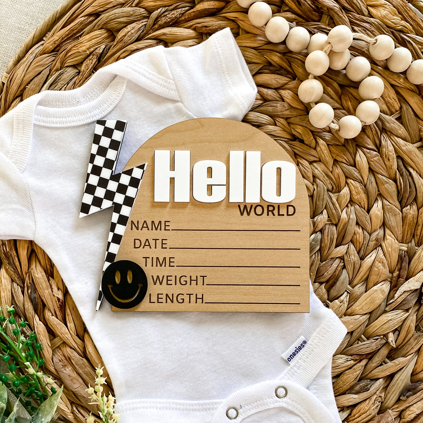 Hello World Birth Stat Sign - Black Checkered Bolt