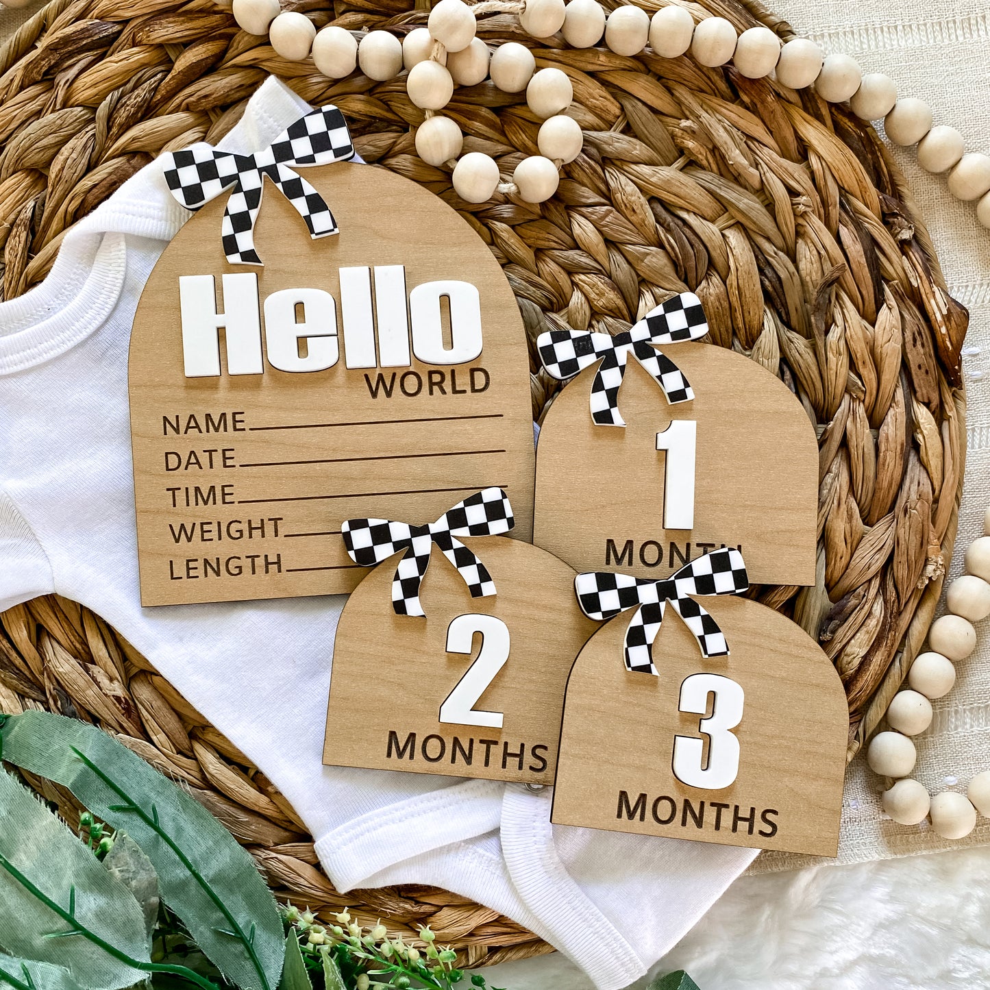 Hello World Birth Stat Sign - Black Checkered Bow