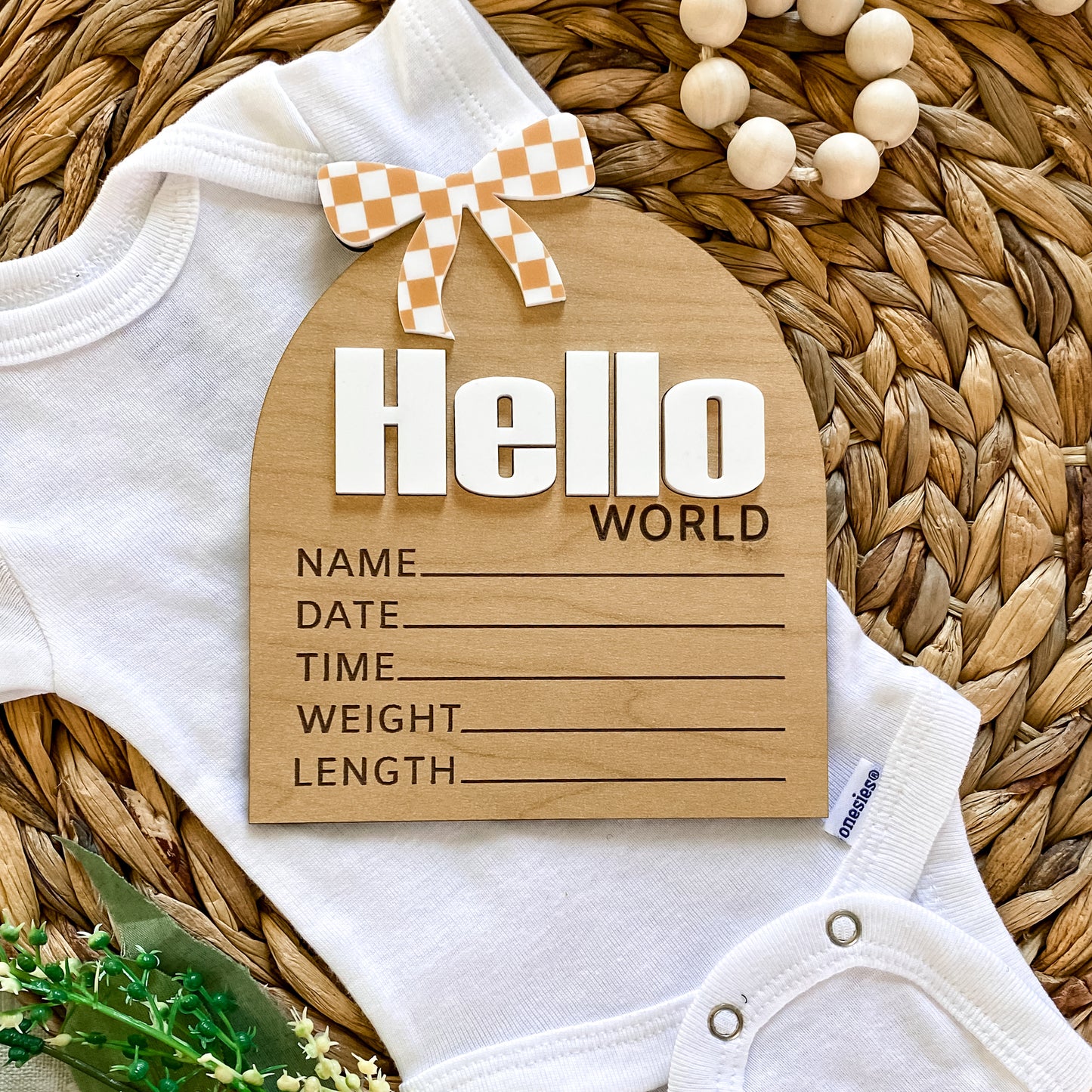 Hello World Birth Stat Sign - Tan Checkered Bow