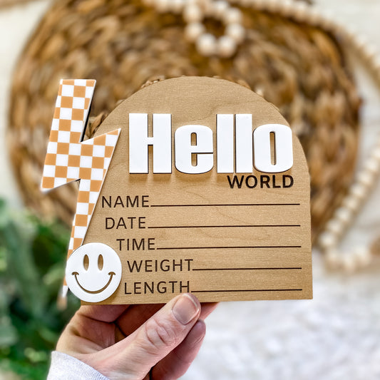 Hello World Birth Stat Sign - Tan Checkered Bolt