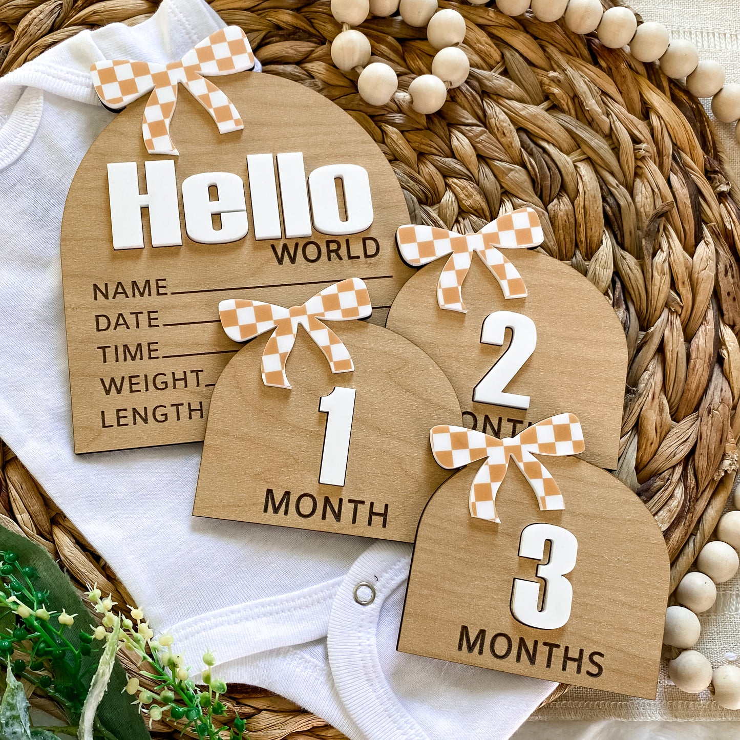 Hello World Birth Stat Sign - Tan Checkered Bow