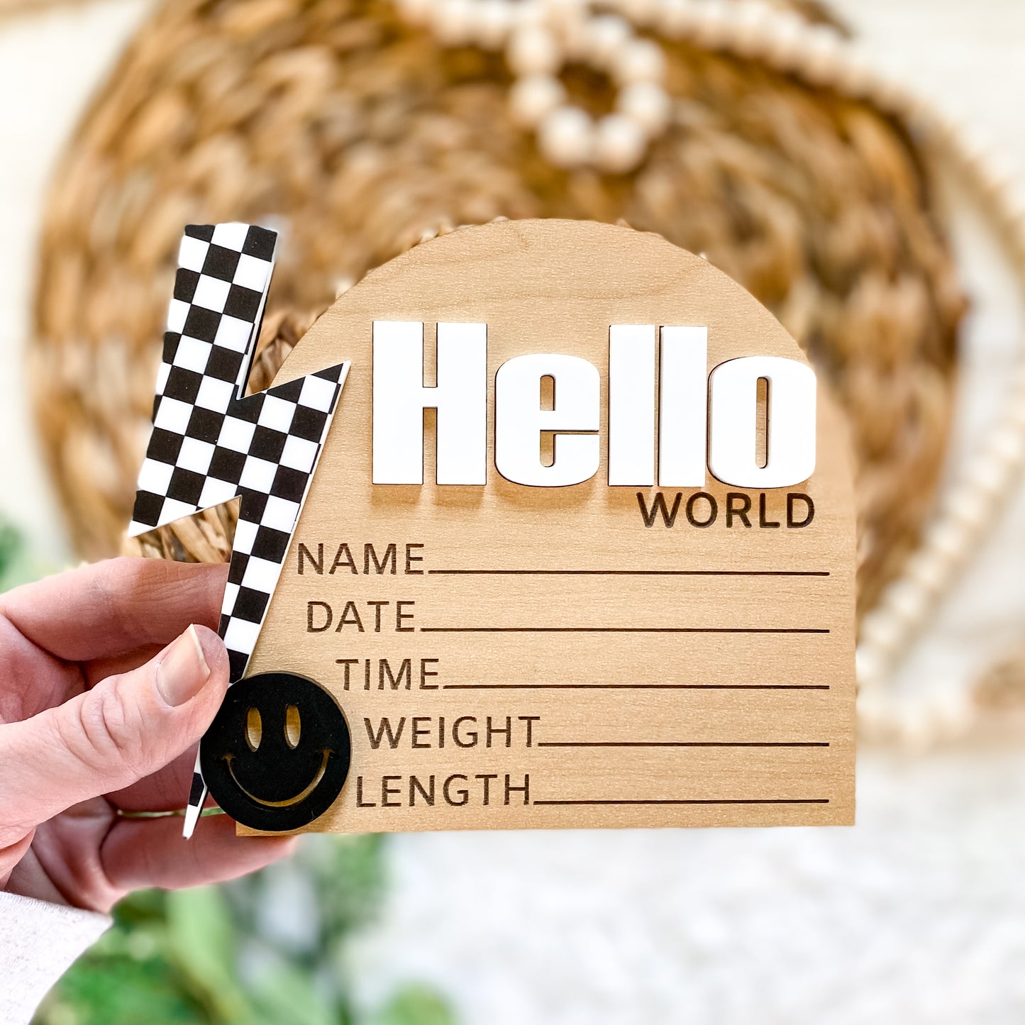 Hello World Birth Stat Sign - Black Checkered Bolt