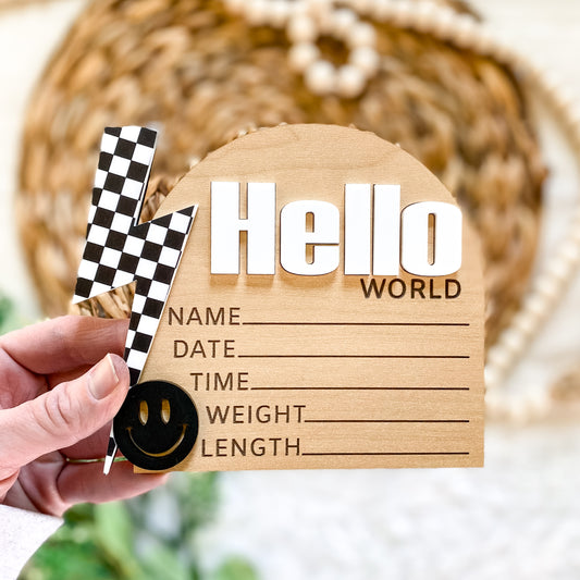 Hello World Birth Stat Sign - Black Checkered Bolt