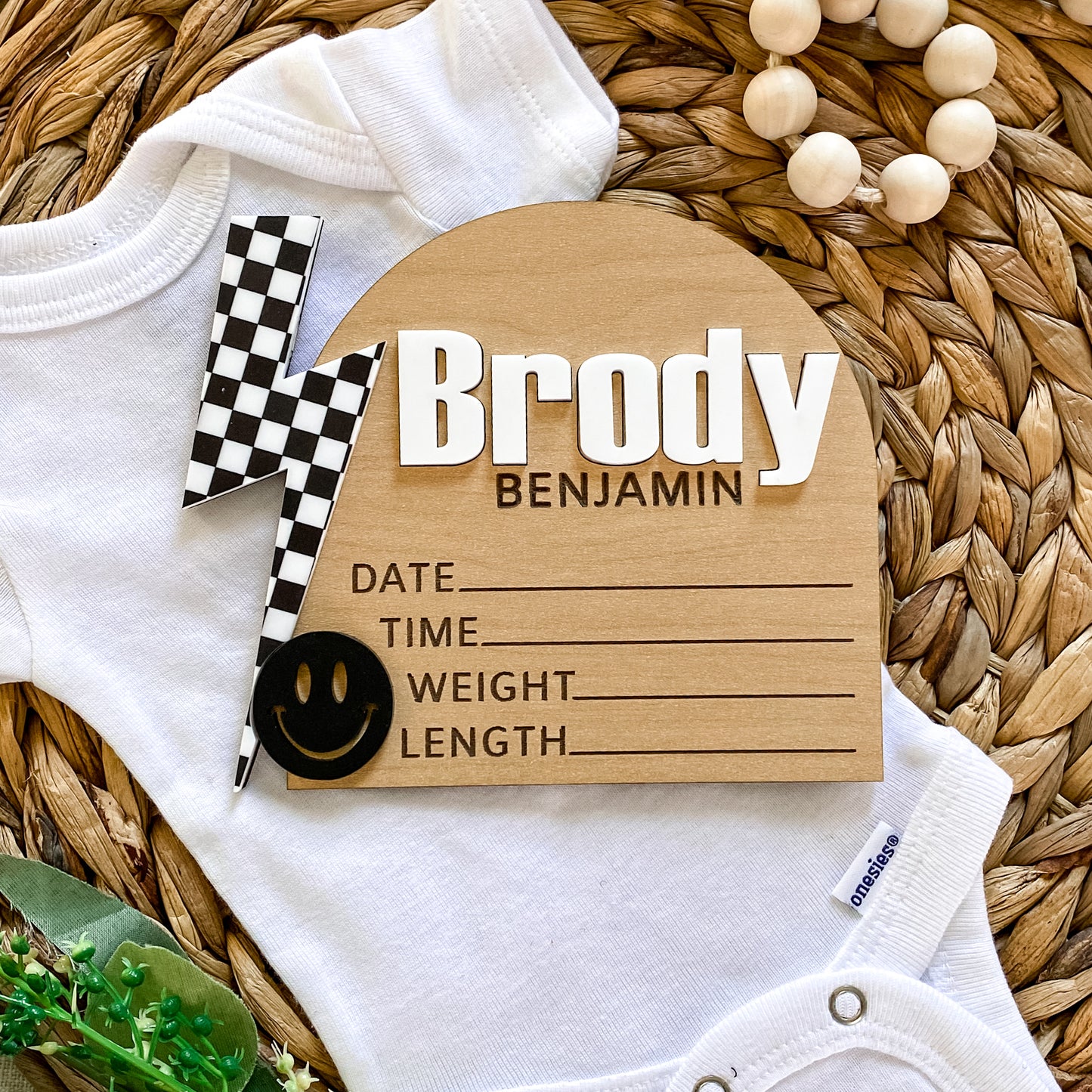 Personalized Birth Stat Sign - Checkered Bolt