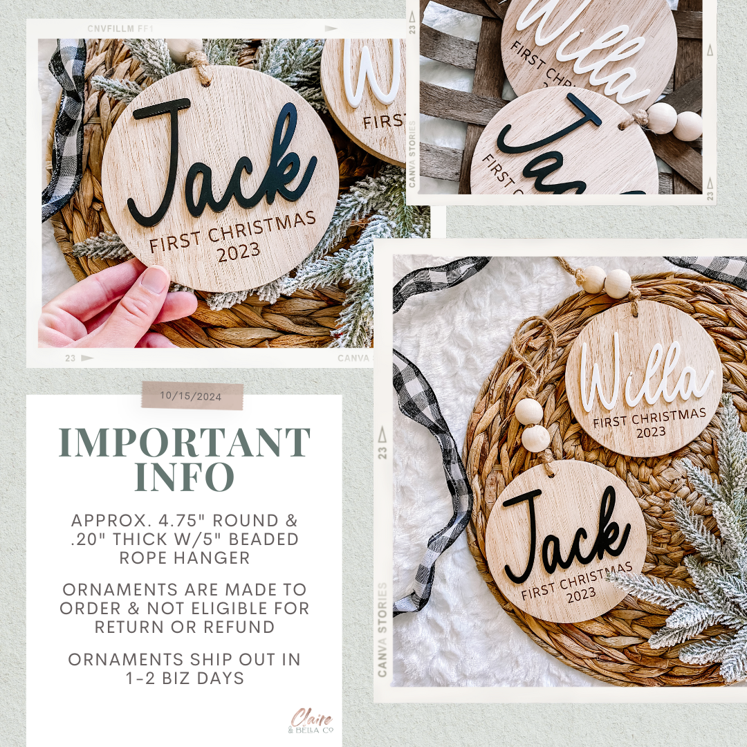 3D Customized Baby's 1st Christmas Ornament - Round