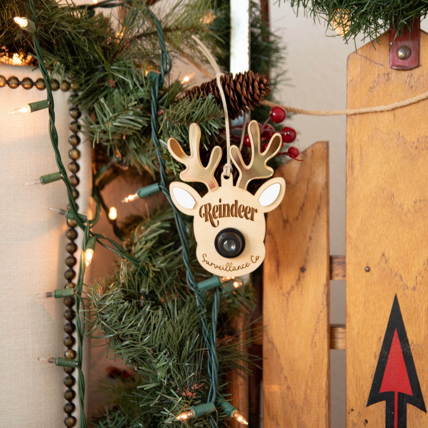 Reindeer Surveillance Santa Cam Ornament - Gold