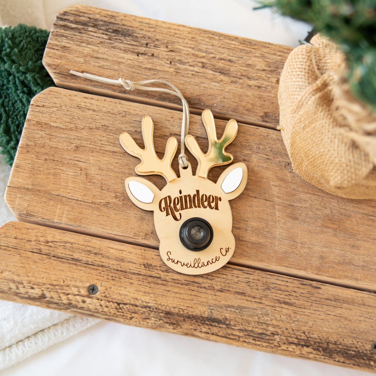 Reindeer Surveillance Santa Cam Ornament - Gold