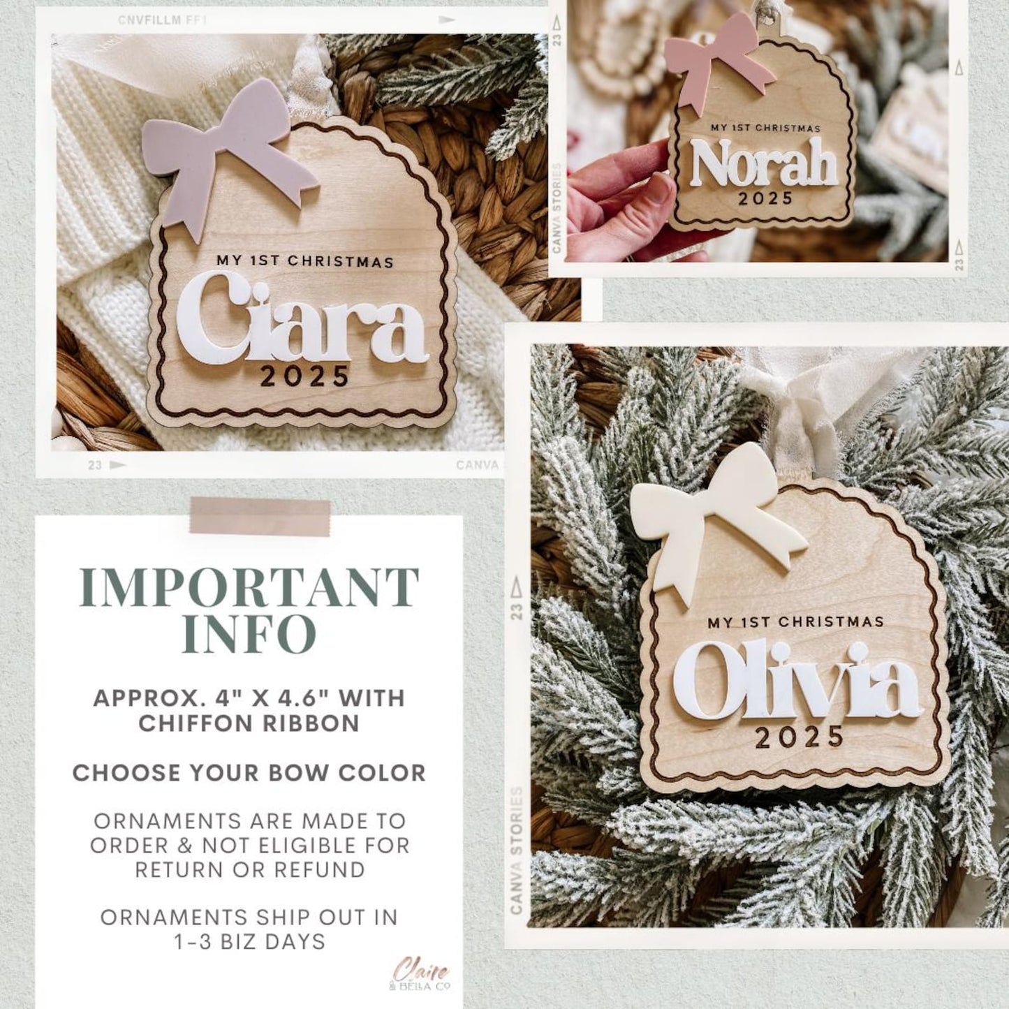 3D Bow Custom Baby's 1st Christmas Ornament