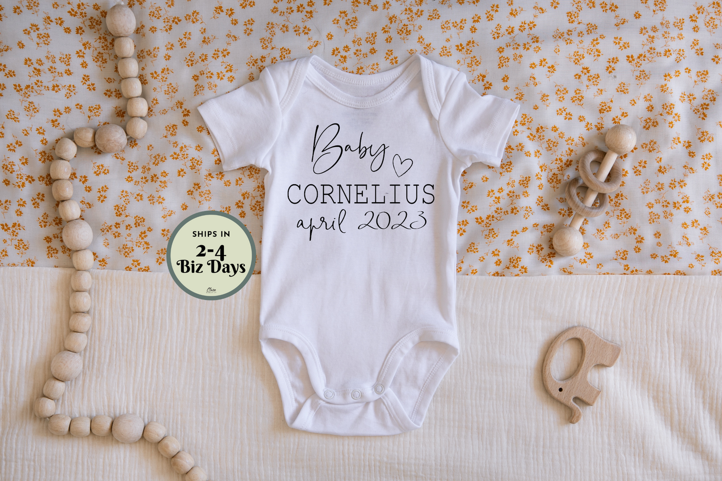 Custom Pregnancy Announcement Onesie With Last Name and Due Date Heart