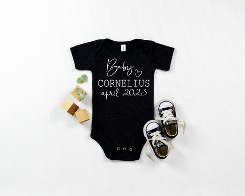 Custom Pregnancy Announcement Onesie With Last Name and Due Date Heart