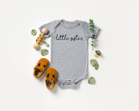 Little Sister Script Gray Onesie