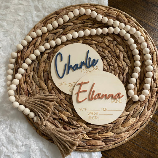 3D Wood Birth Stat Circle Thin Cursive - Custom with Name