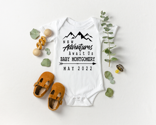 New Adventures Await Custom Pregnancy Announcement Onesie