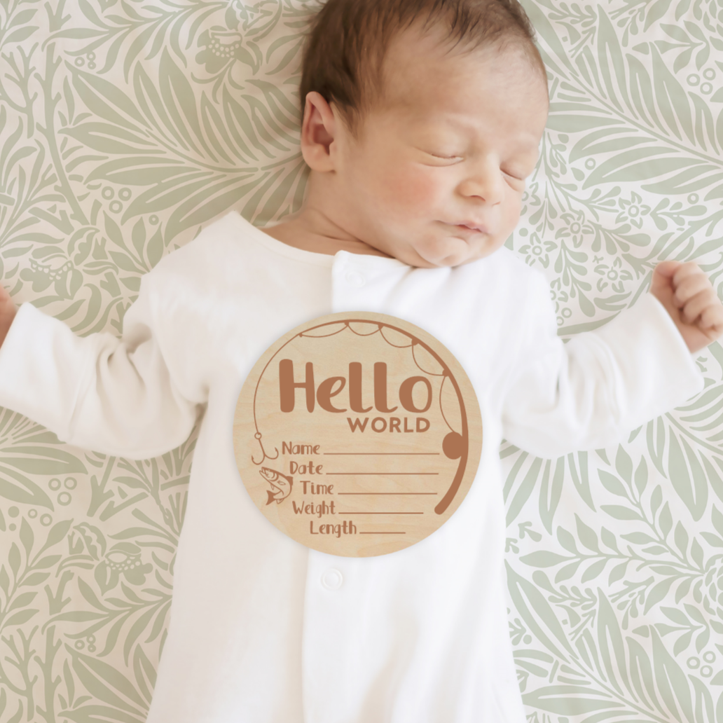 Hello World Birth Announcement Stat Disc - Fishing