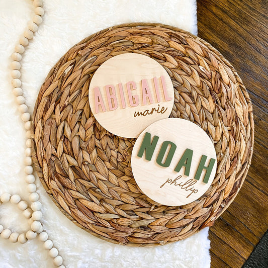 3D Wood Birth Announcement Name Circle - Modern Block